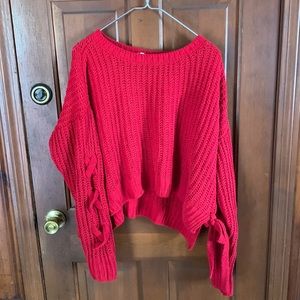 Women’s red knit cropped sweater with cross knit sleeves size xl, good condition